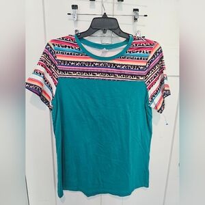 Sunshine & Rodeos Teal Tee – XL Leopard Aztec Stripe Yoke Top